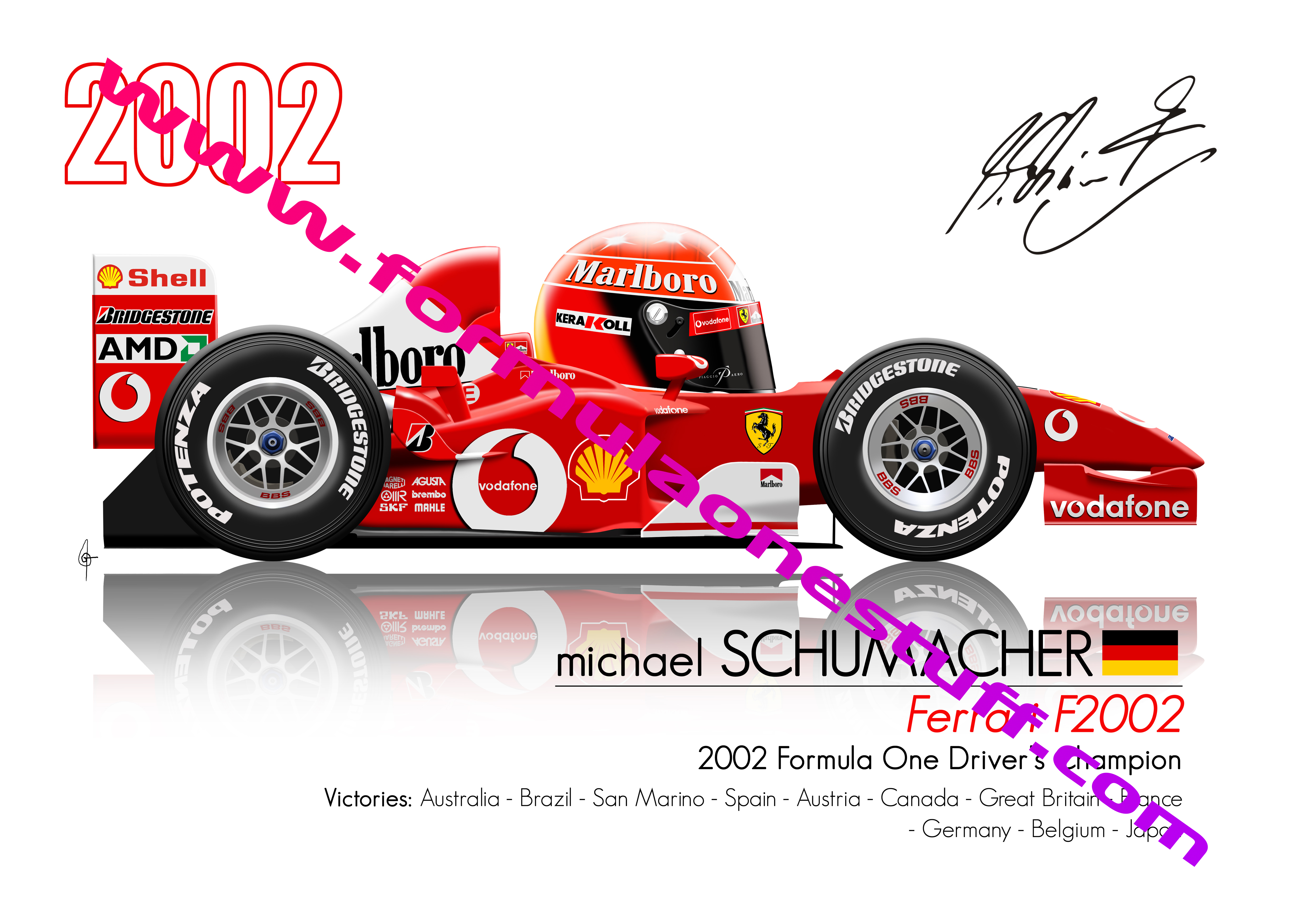 Signed TOONZ Ferrari Michael Schumacher 2002 F1 driver cartoon poster – limited edition A3 satin print